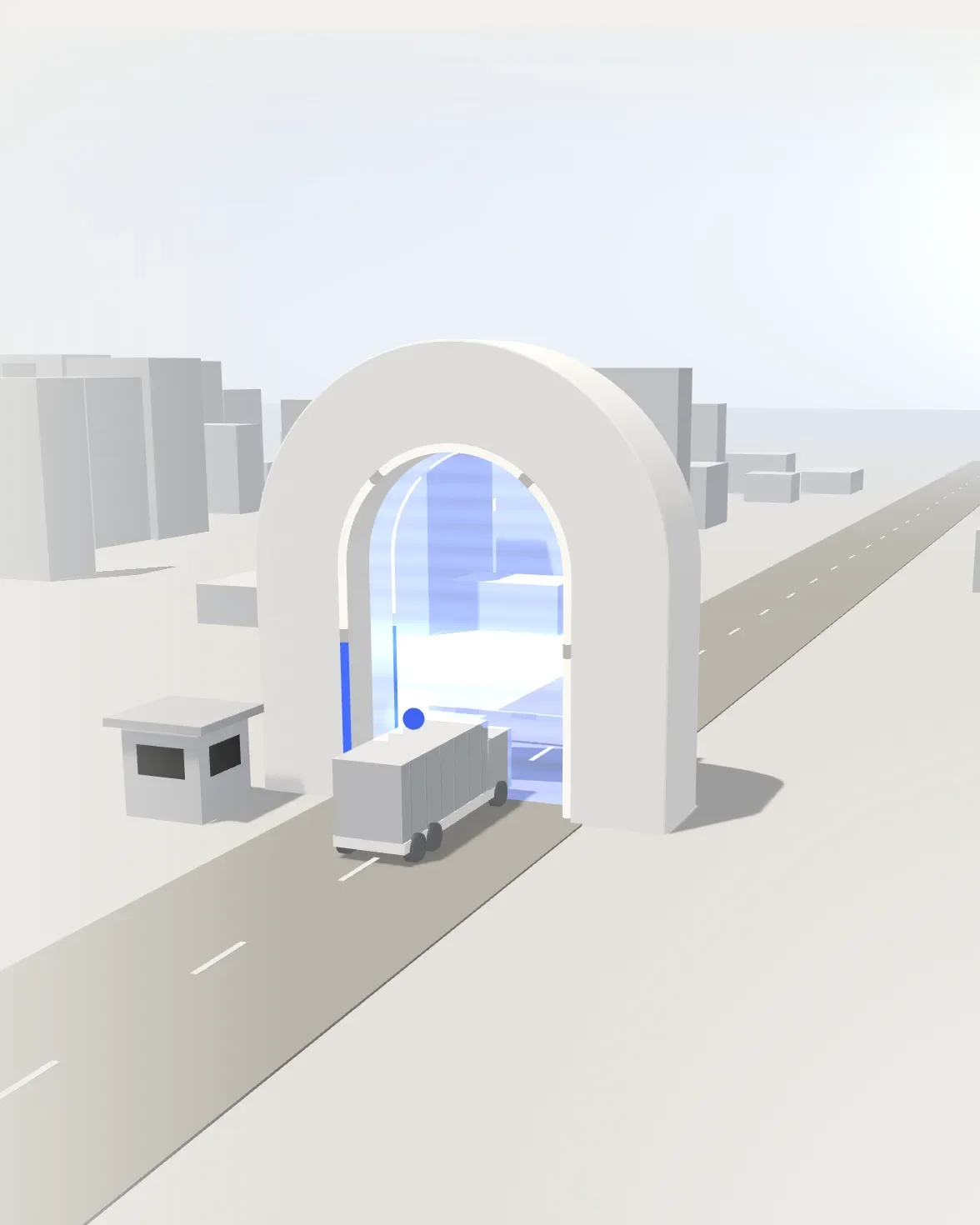 Model: a truck passes under the great control arch as its segments light up blue