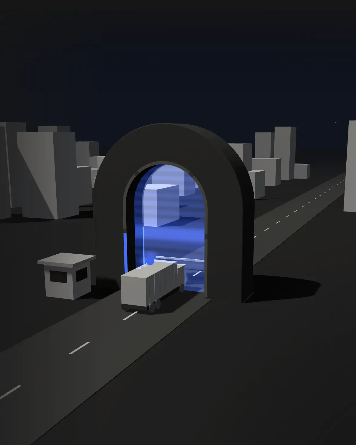 Model: a truck passes under the great control arch as its segments light up blue