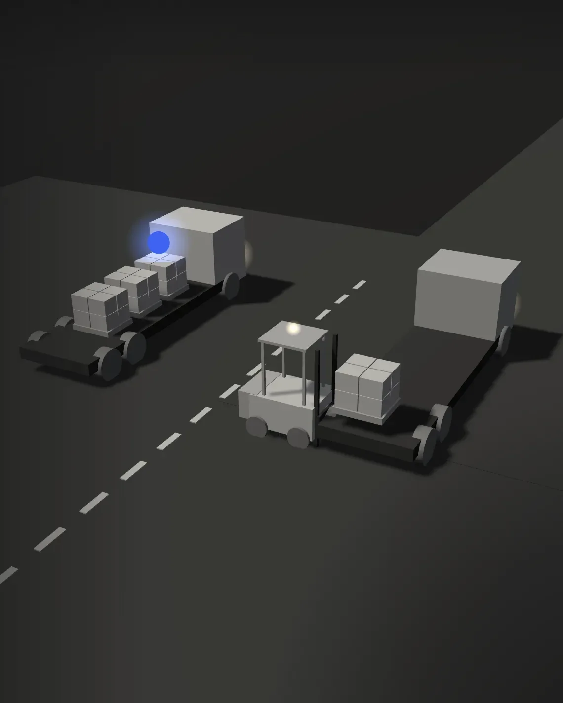 Maquette : un chariot fait passer la palette et le point bleu du camion AMYA au camion du client