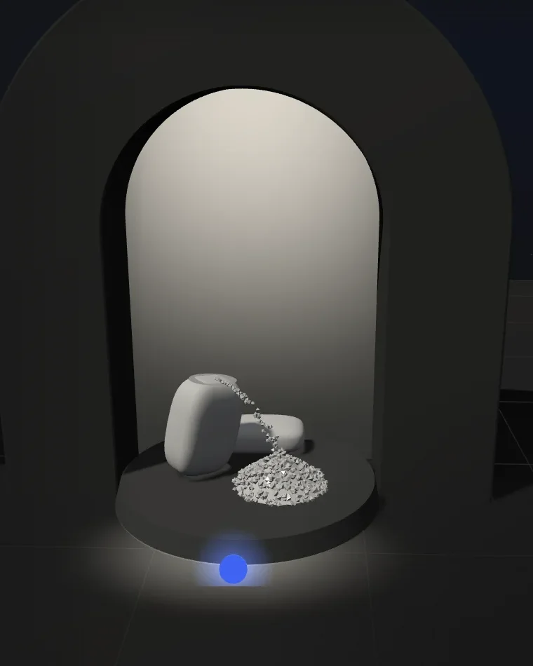 Sculpture en plâtre dans une arche : un sac qui déverse des cristaux