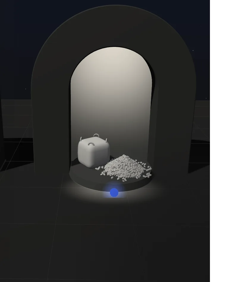 Sculpture en plâtre dans une arche : un grand sac et un tas de grains